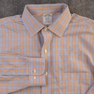 Brooks Brothers Dress Shirt 15.5 32 Classic Non Iron Orange Blue Check Point